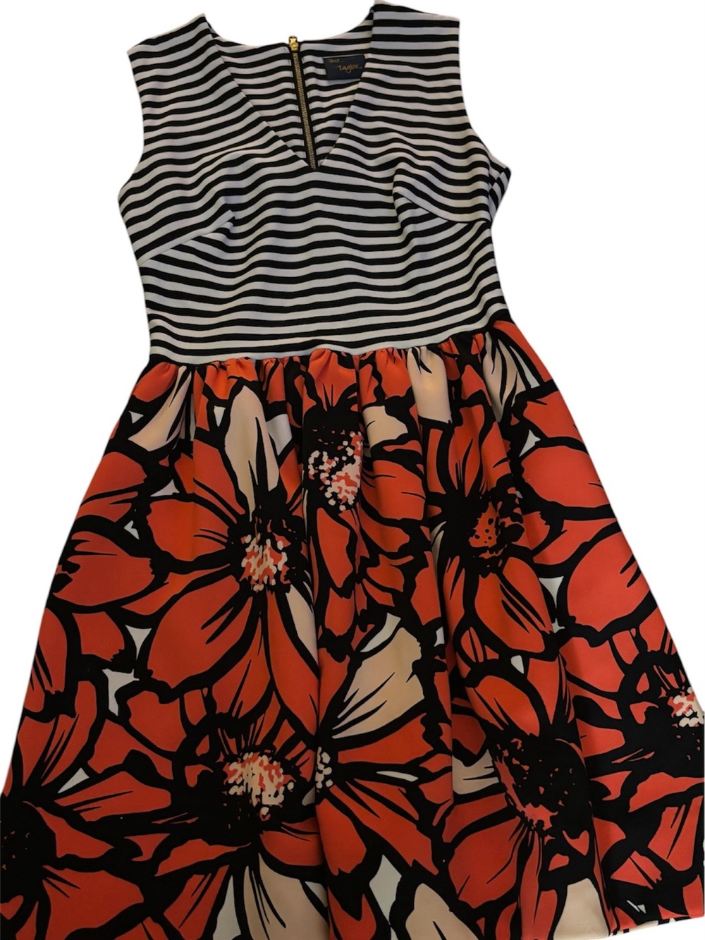 Just Taylor Black & Orange Floral Striped Fit-and-Flare Dress